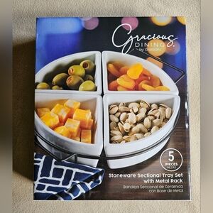 Gibson Gracious Dining Stoneware 4-Section Tray Set White‎ Metal Rack NIB